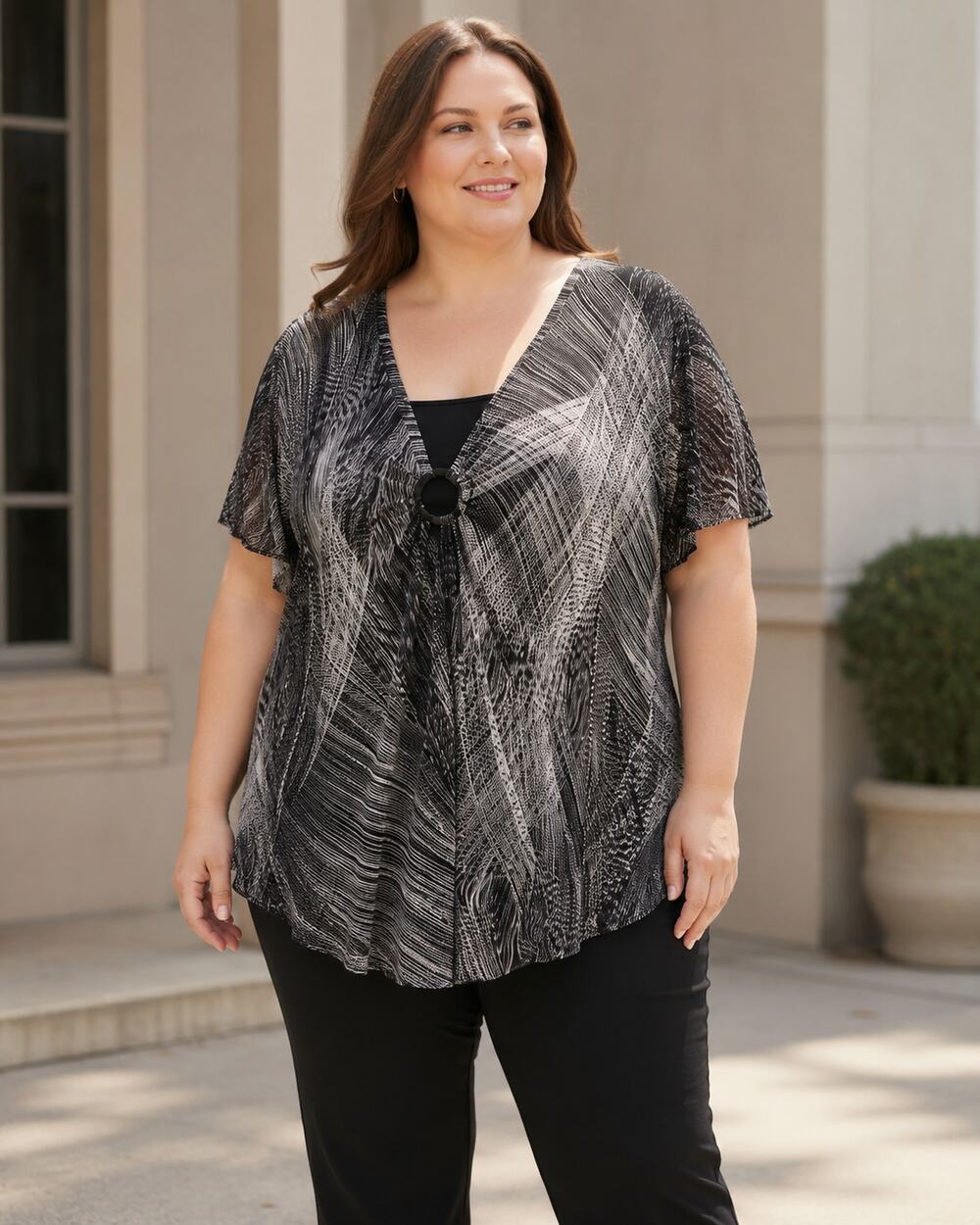 Lane Bryant Layered Draped Blouse 26/28 Black White O Ring Lagenlook Artsy